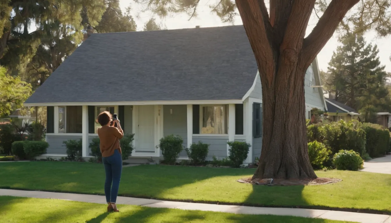 A homeowner photographing a leaning tree near the house for an estimate request