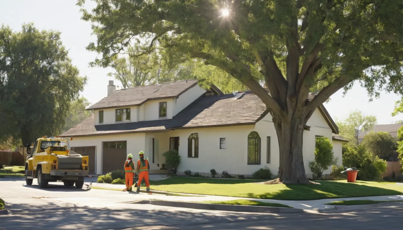 A tree service crew safely removing a large tree beside a stucco home in Stockton