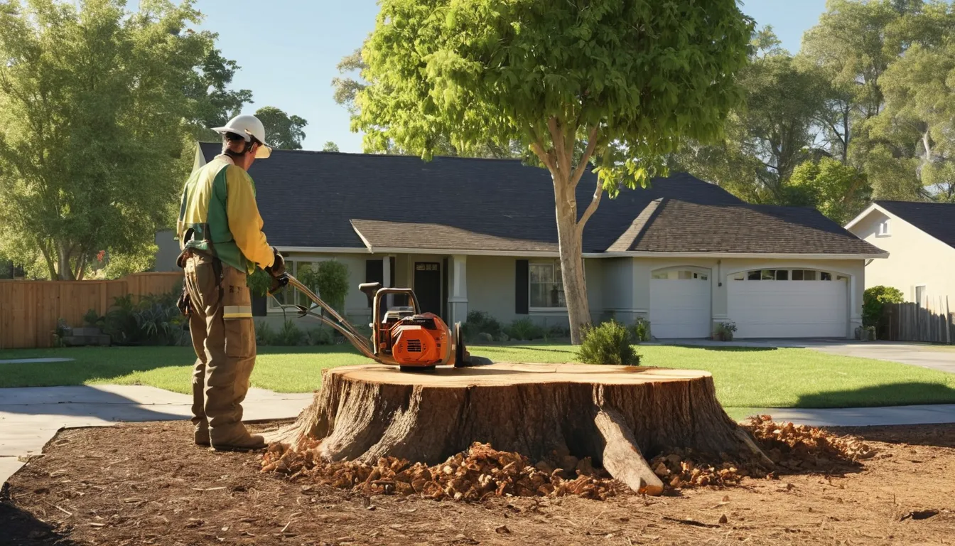 Provider operating a stump grinder in a residential yard near Stockton
